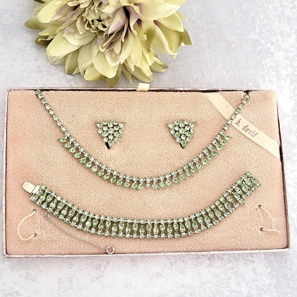 B David necklace earrings and bracelet set in its display box.