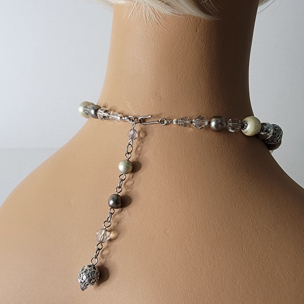 Statement Choker Faux Pearl and Glass Silvery Beaded