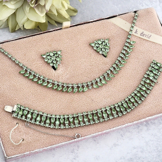 Vintage mint green rhinestone jewelry set displayed in its box.
