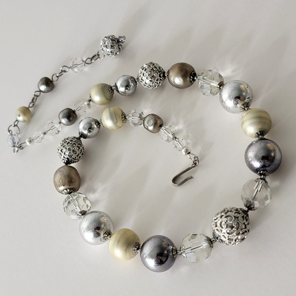 Statement Choker Faux Pearl and Glass Silvery Beaded