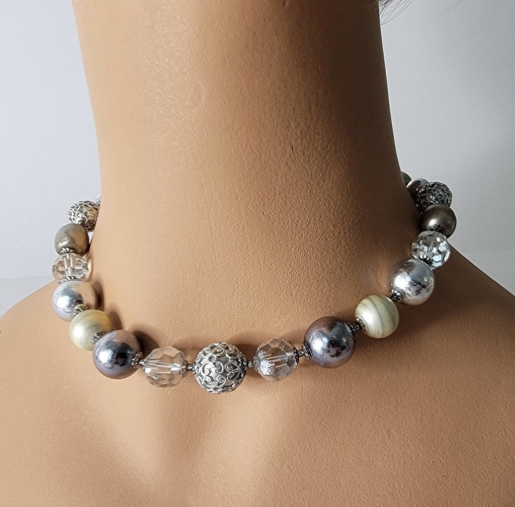 Statement Choker Faux Pearl and Glass Silvery Beaded
