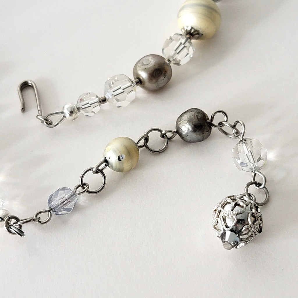 Statement Choker Faux Pearl and Glass Silvery Beaded