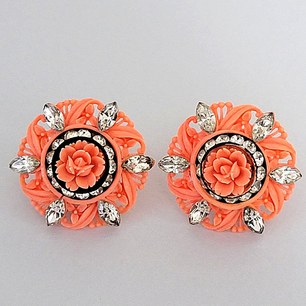 Vintage coral color flower rhinestone earrings.