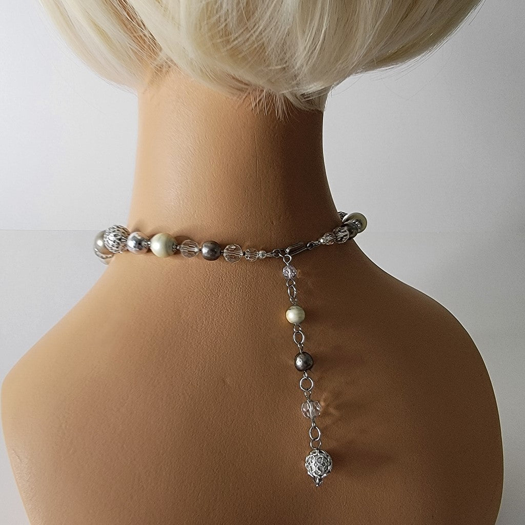Statement Choker Faux Pearl and Glass Silvery Beaded