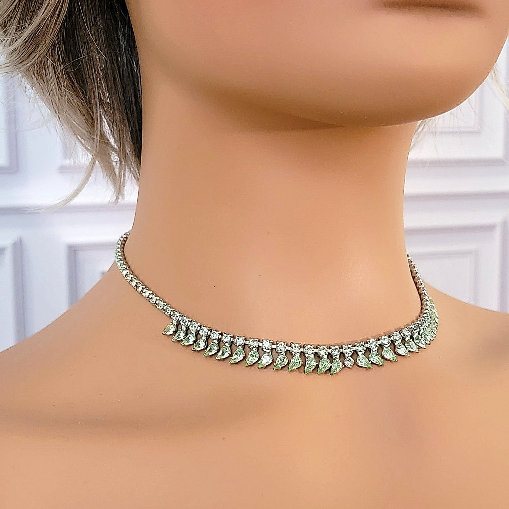 Vintage mint green rhinestone choker on a mannequin.