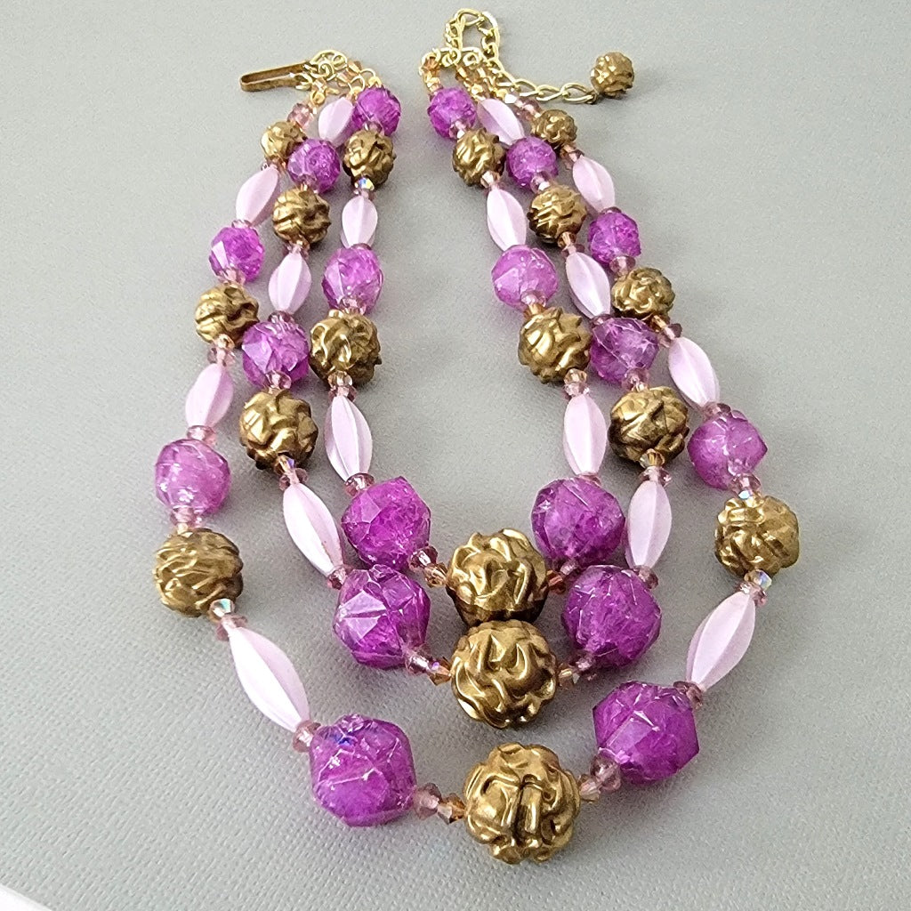 Vintage purple and gold three strand necklace.