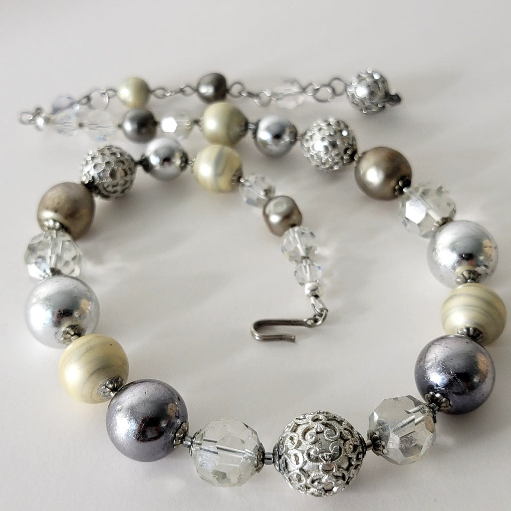 Statement Choker Faux Pearl and Glass Silvery Beaded