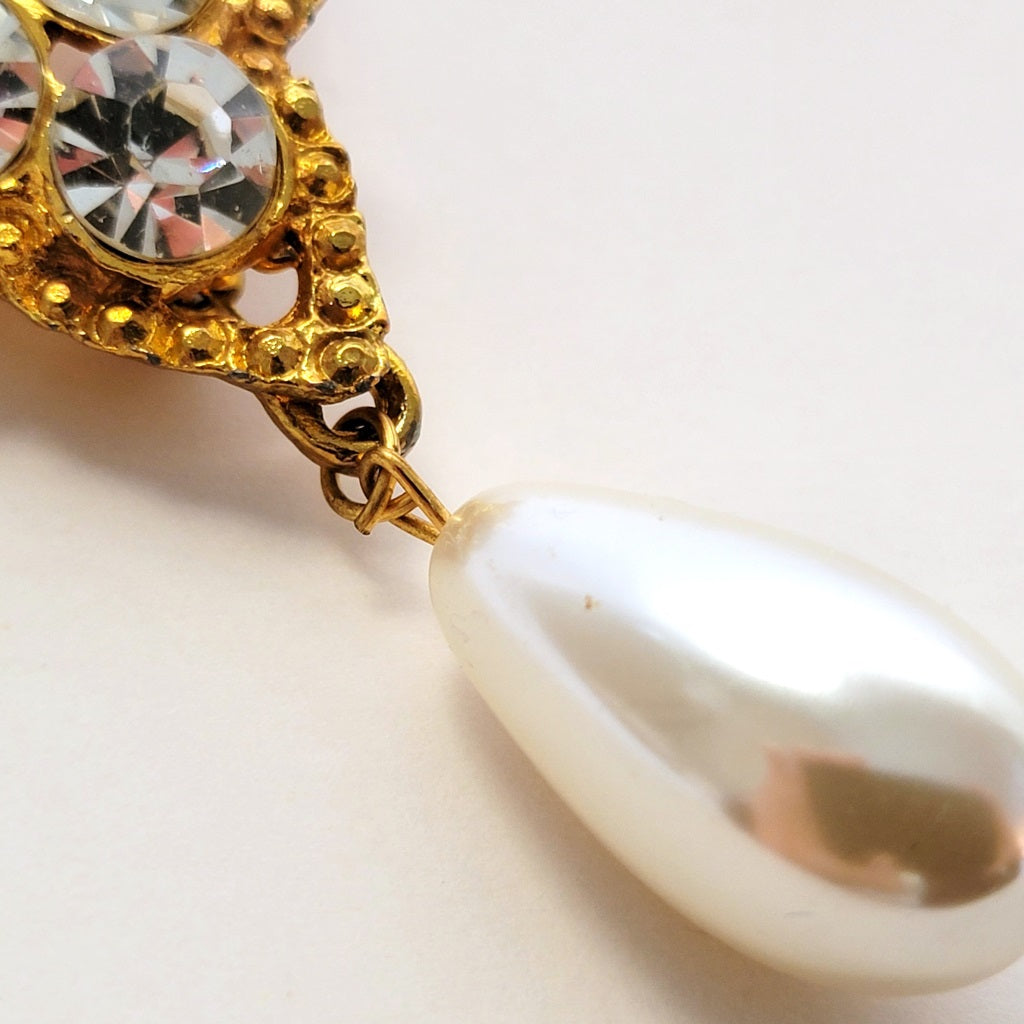 Rhinestone and Faux Pearl Dangle Brooch