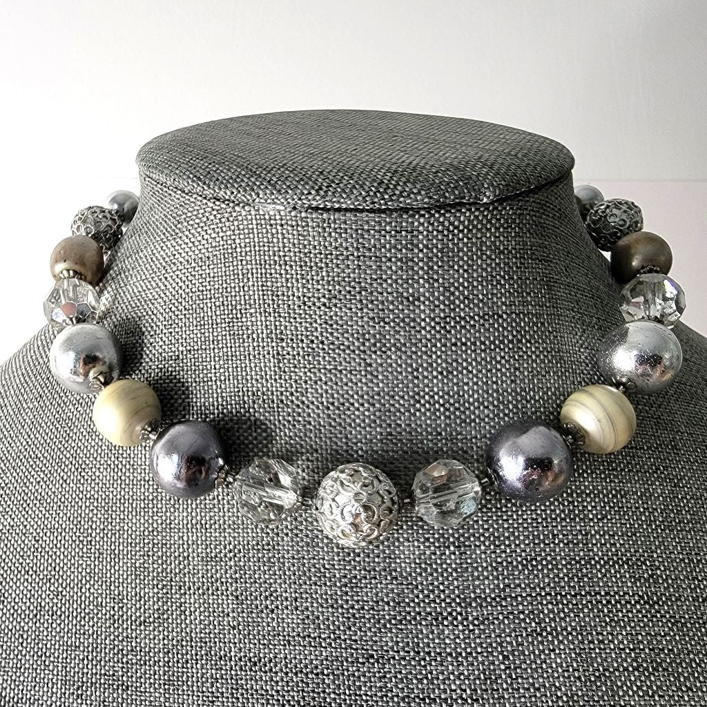 Statement Choker Faux Pearl and Glass Silvery Beaded