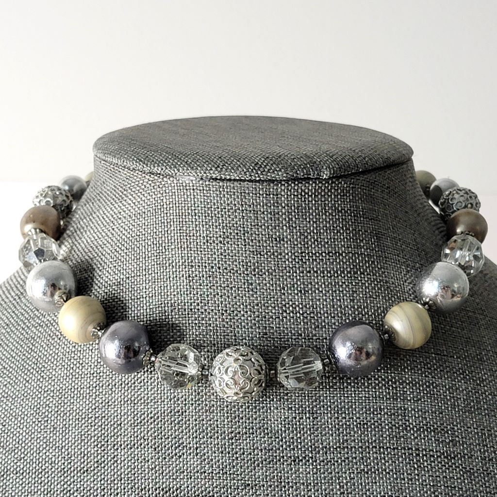 Statement Choker Faux Pearl and Glass Silvery Beaded