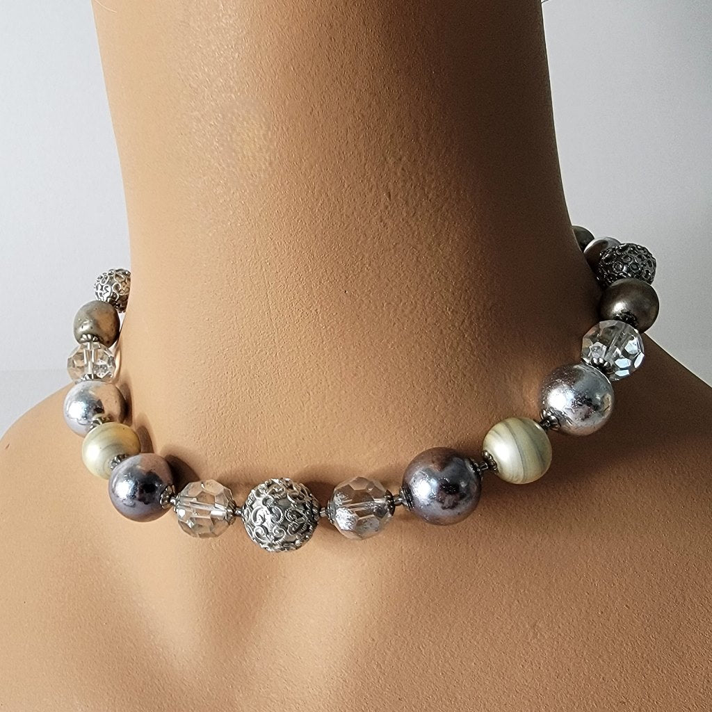 Statement Choker Faux Pearl and Glass Silvery Beaded