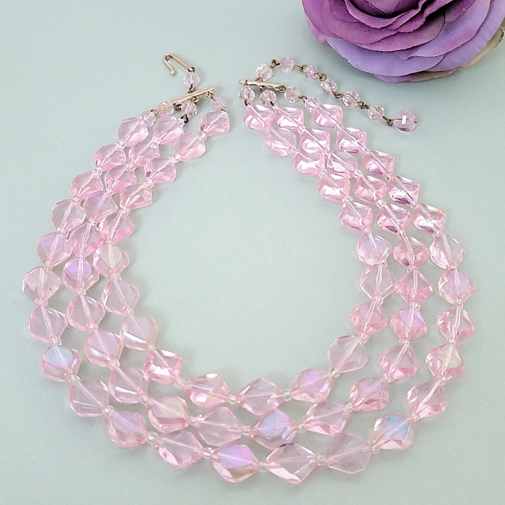 Triple strand pink vintage choker necklace.