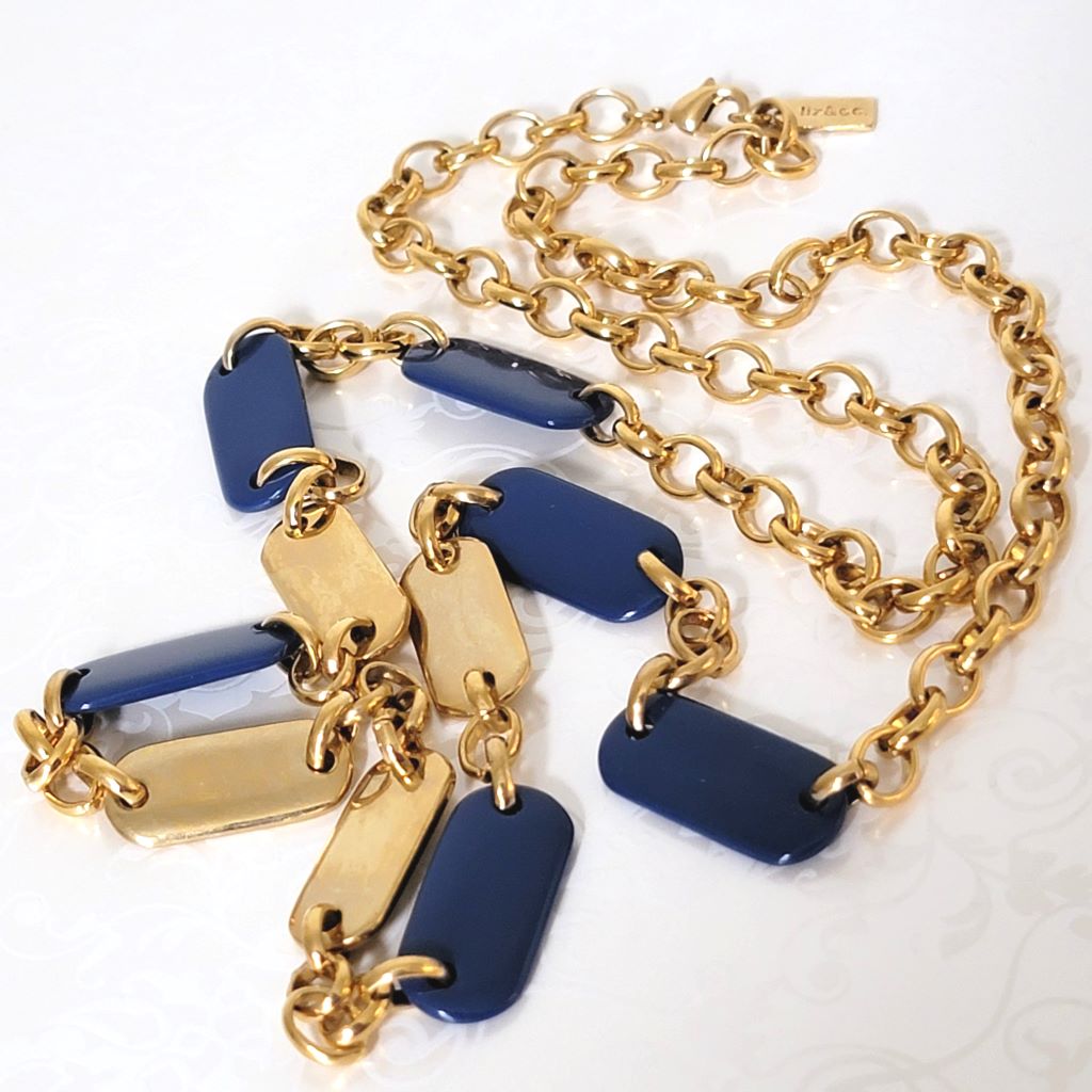 Liz & Co. long gold tone chain necklace, with navy blue accents.