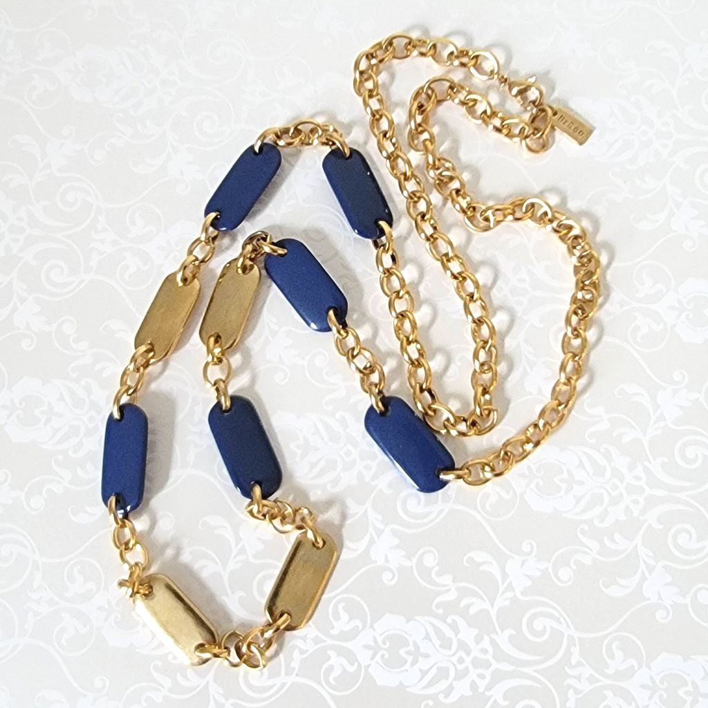 Liz & Co. long gold tone chain necklace, with blue accents.