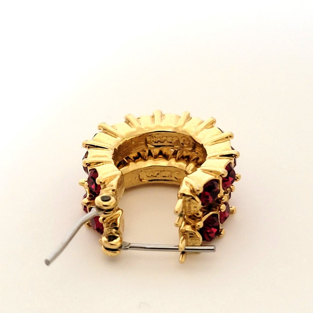 Red rhinestone Napier, gold tone hoop earrings, showing signature marks.
