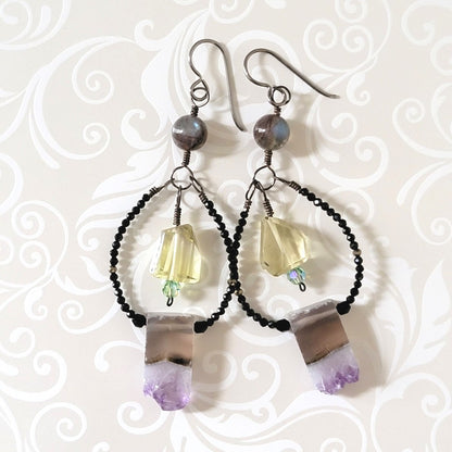 Gemstone dangle hoop earrings, with amethyst slices, yellow quartz, and labradorite.