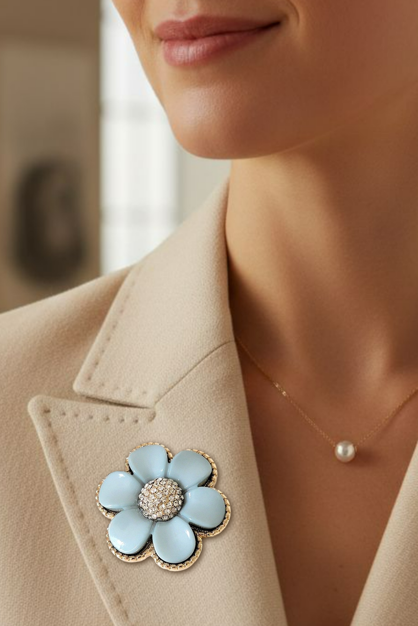 Blue acrylic and rhinestone flower brooch with gold tone edge
