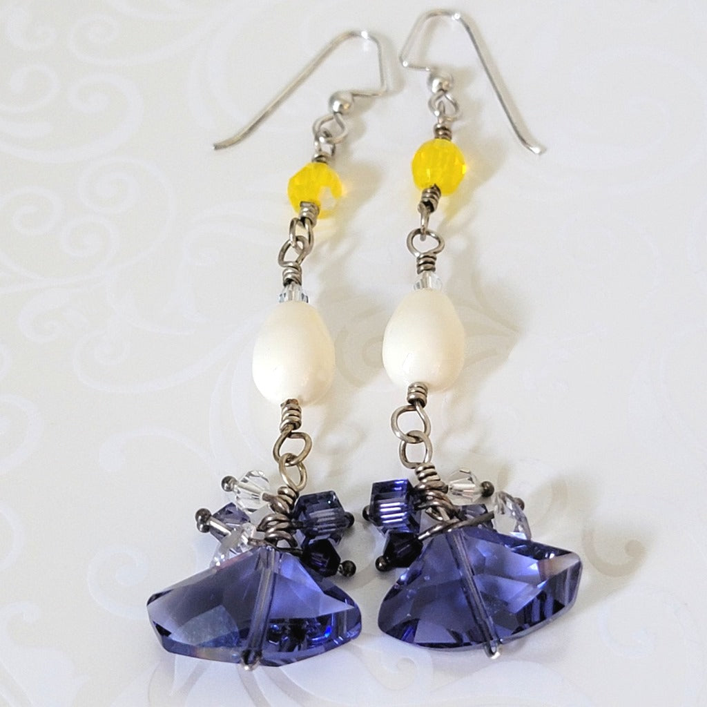 Purple glass and yellow crystal wire wrapped silver earrings.