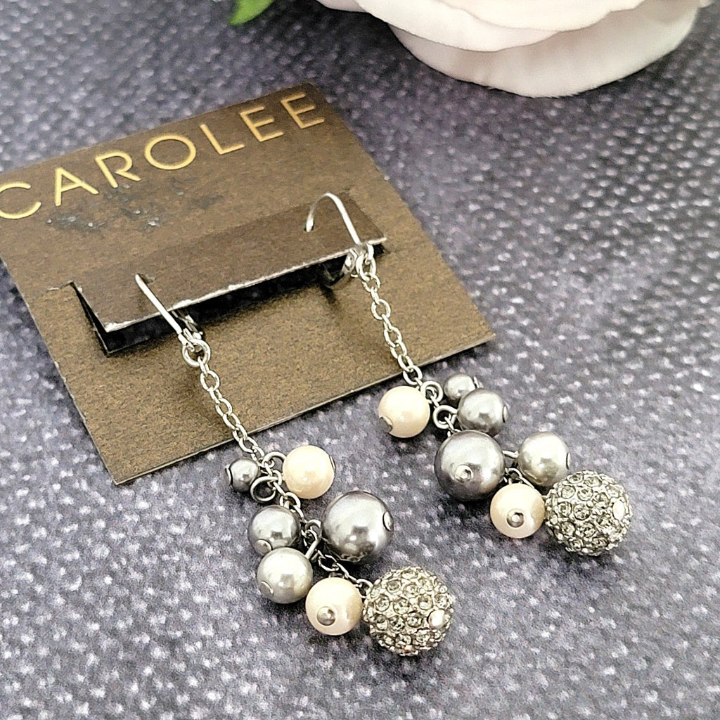 Long faux pearl cluster earrings, on card, by Carolee.