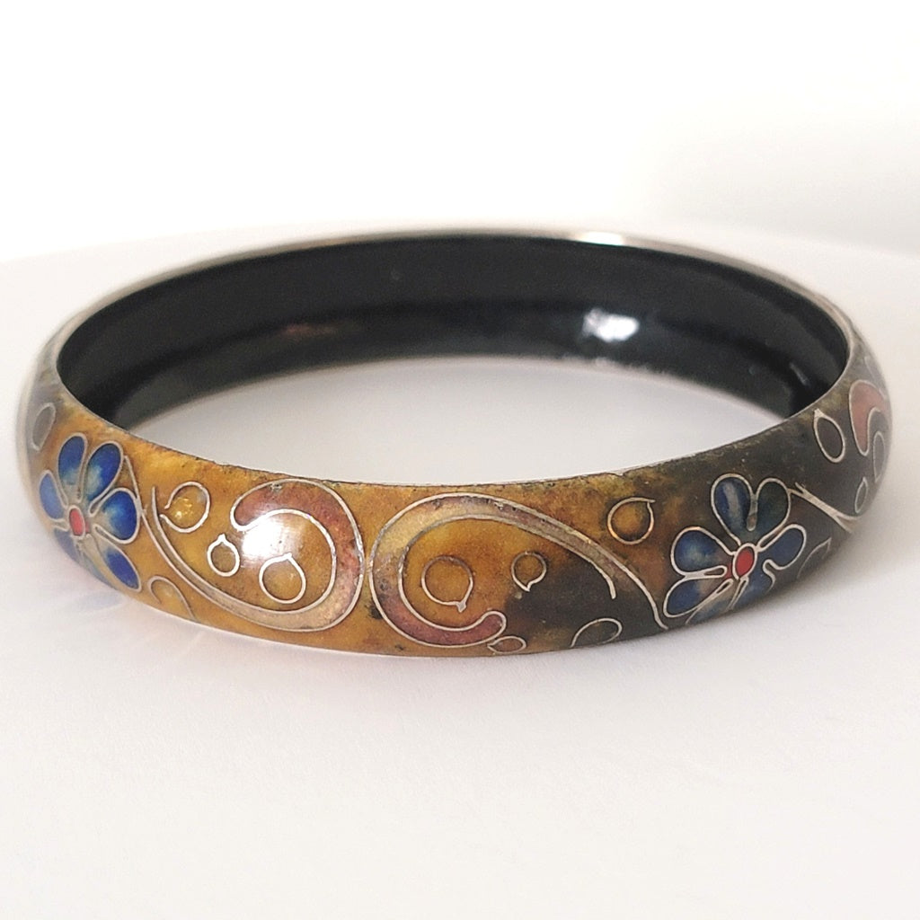Cloisonne enamel bracelet, in chocolate brown, with blue flowers..