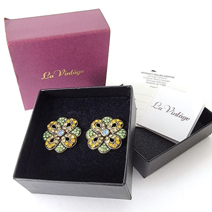 La Vintage Crystal Flower Earrings with Original Box