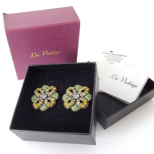 La Vintage Crystal Flower Earrings with Original Box