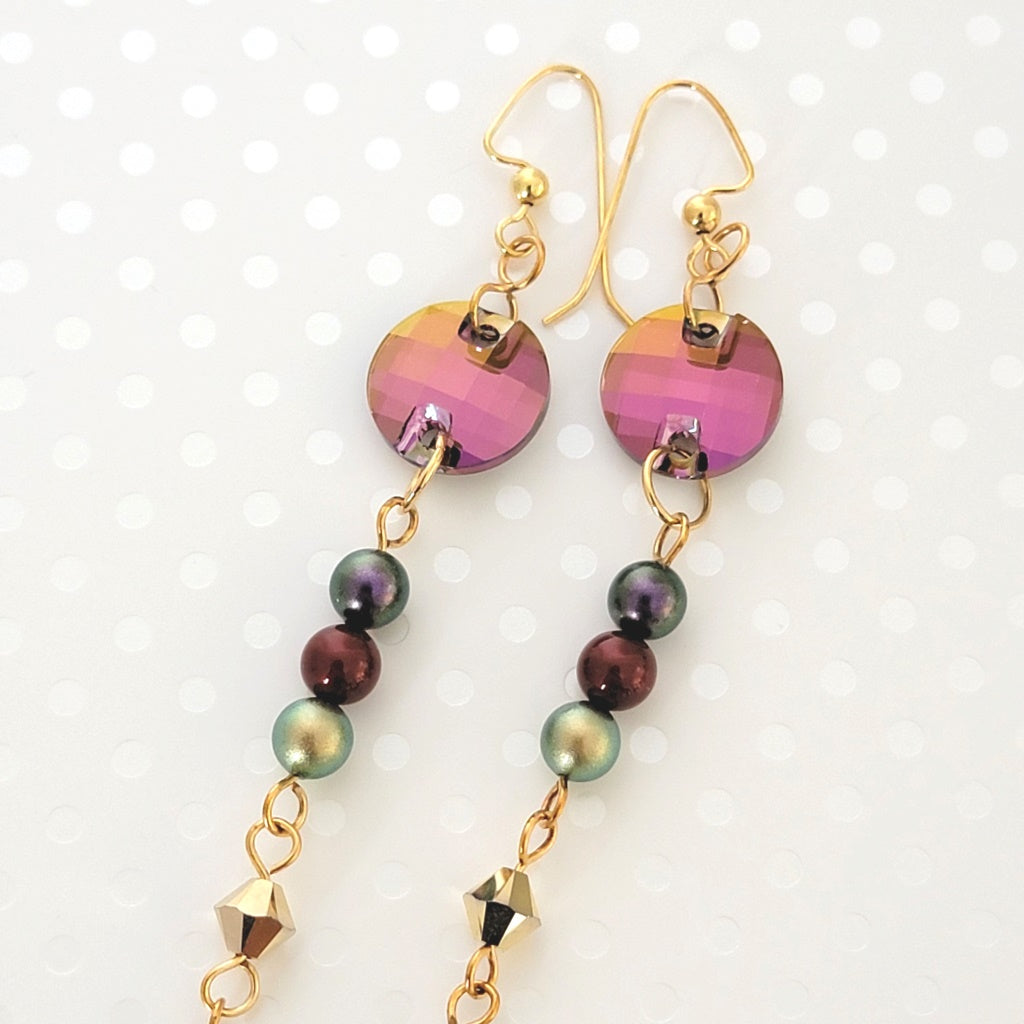 Crystal pearl earrings, in gold, pink and green.