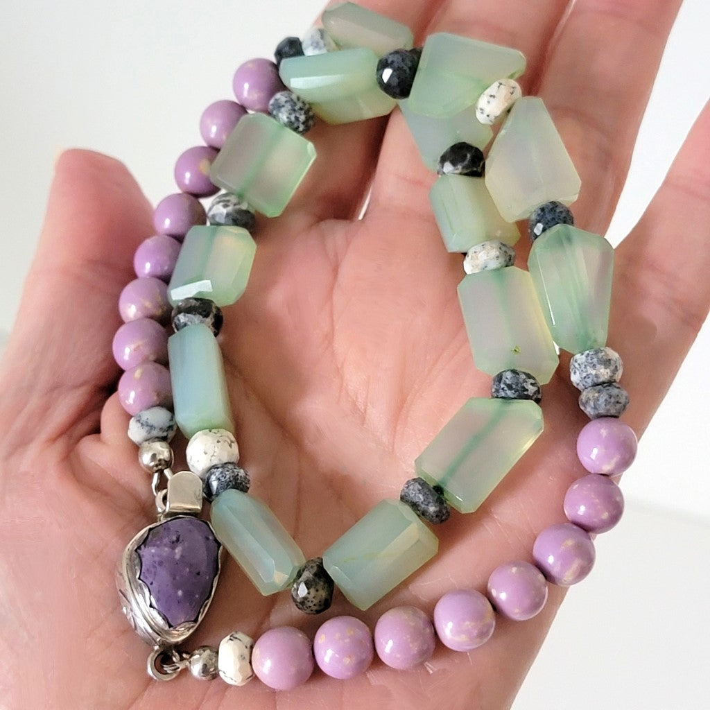 Handmade green and purple stone nugget choker, with matching clasp. Shown in hand, for size comparison.
