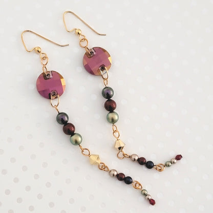 Long boho faceted crystal and glass pearl dangle earrings.