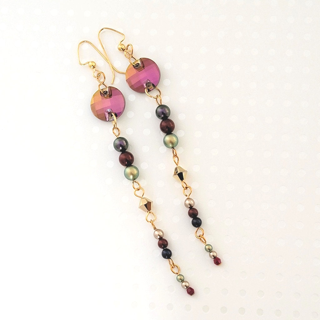 Long handmade multicolor crystal pearl earrings.