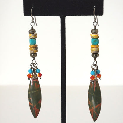Long jasper and turquoise dangle earrings.