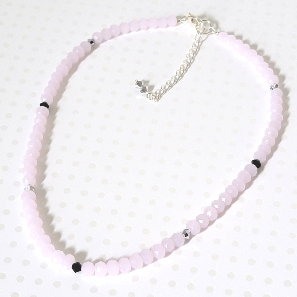 Skinny pastel pink faceted glass beaded choker, with crystal accents.