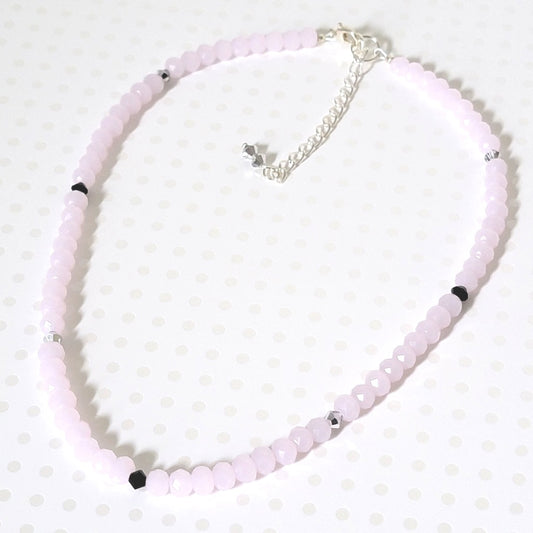 Skinny pastel pink faceted glass beaded choker, with crystal accents.
