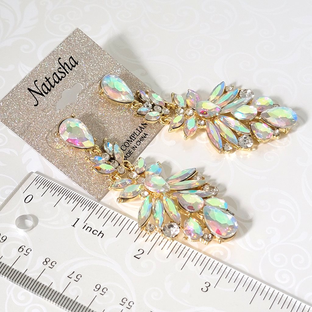 Huge Natascha AB rhinestone bling earrings, on card, shown next to a ruler.