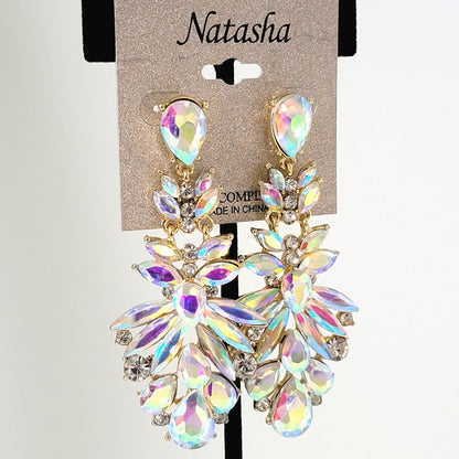 Natasha aurora borealis rhinestone dangle earrings, on card.