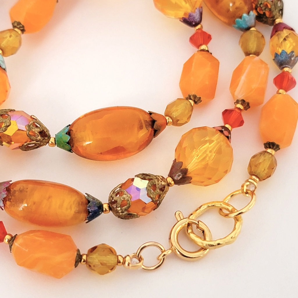 Long Orange Beaded Necklace Vintage Glass and Lucite