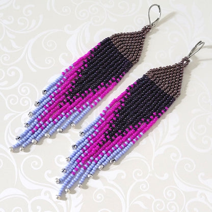 Long purple ombre seed bead fringe earrings.