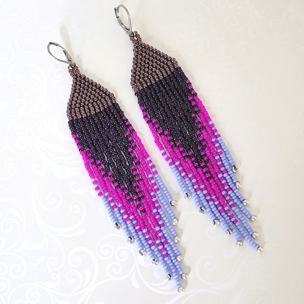 Shades of purple fringed seed bead dangle earrings.