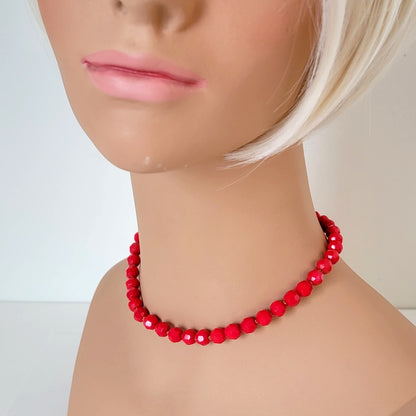 Lipstick red glass beaded choker, shown on a mannequin.