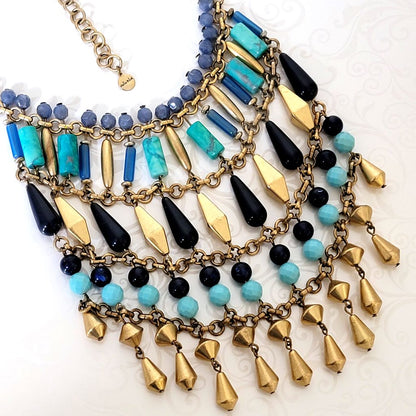 Stella and Dot turquoise and gold tones beaded bib necklace.