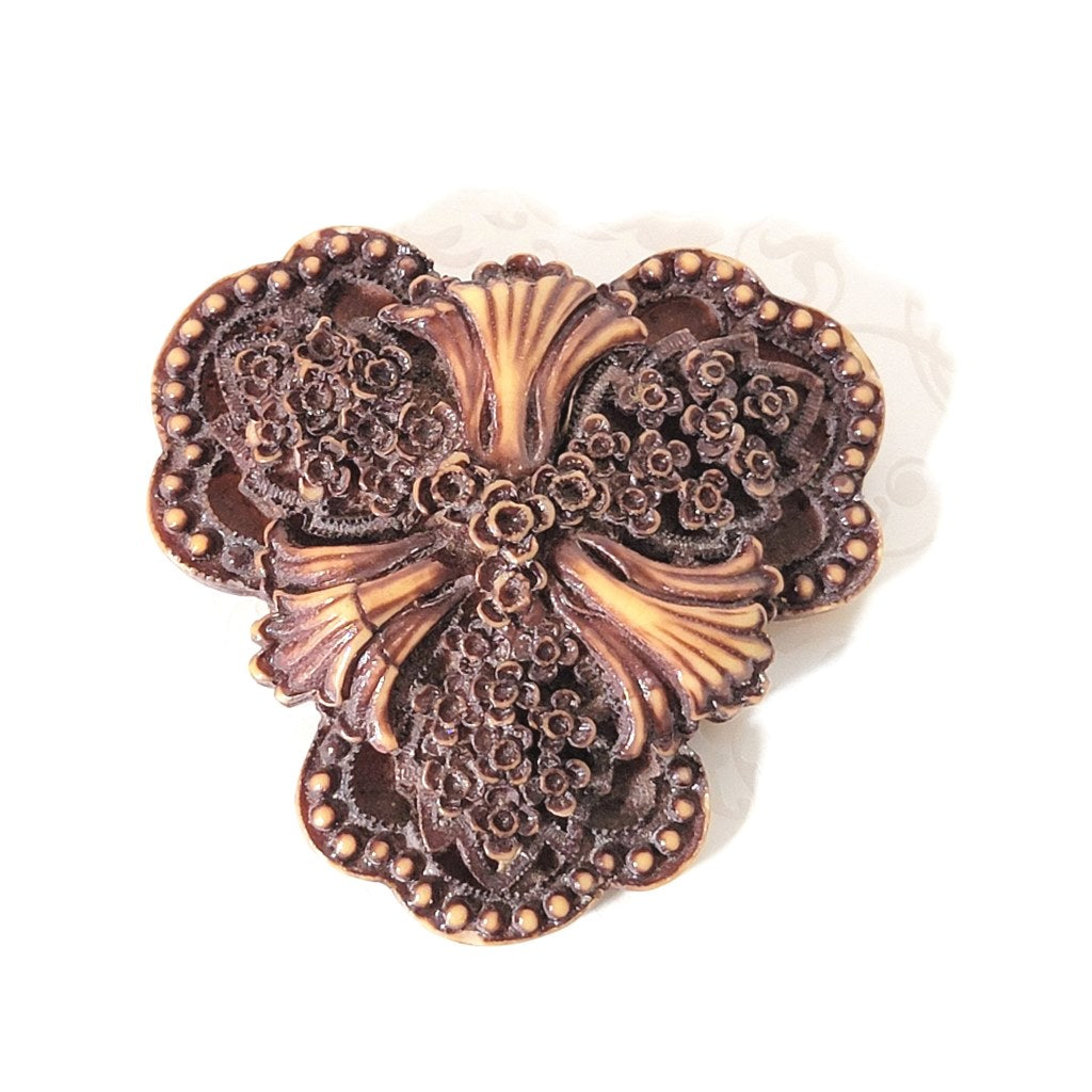 Vintage boho goth flower brooch, in chocolate brown, resembling a bat flower.