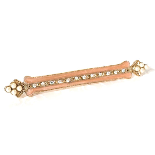 Vintage skinny peach enamel bar brooch, with rhinestones and faux pearls, by 1928.