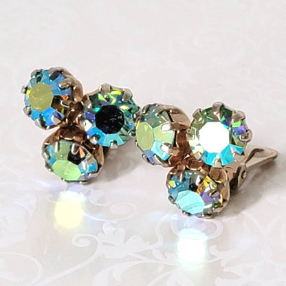 Vintage Weiss triple rhinestone clip-on earrings, with AB coating.