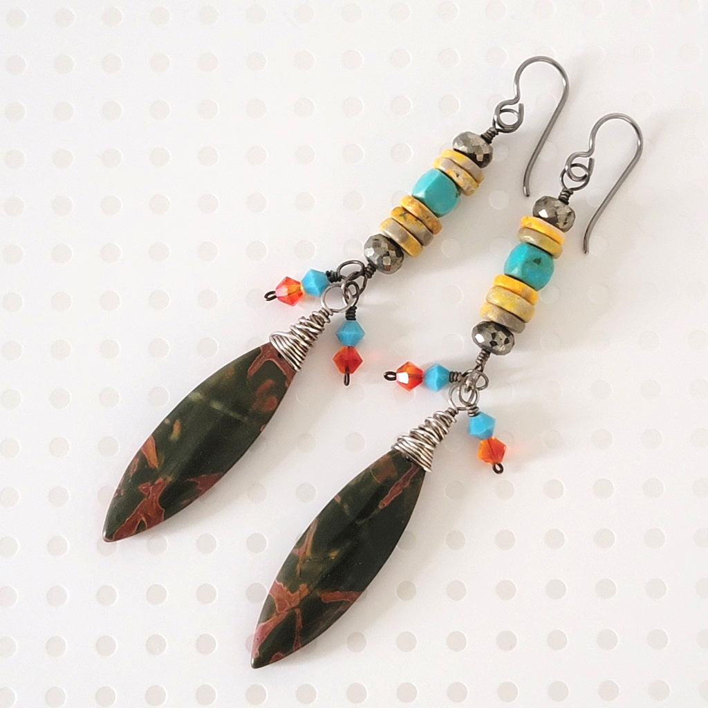 Long jasper gemstone spike earrings, with crystal accents.