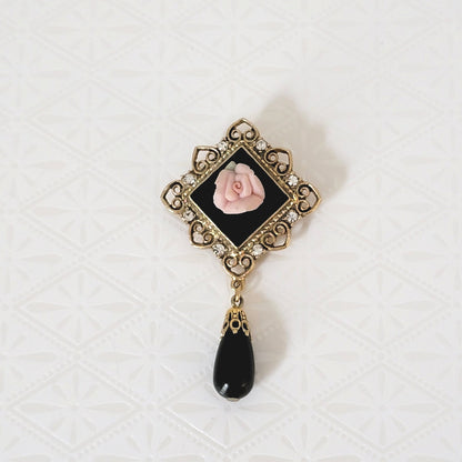 1928 black teardrop dangle and pink rose goth style brooch.