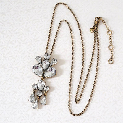 Big rhinestone dangle pendant necklace, with long gold tone chain, by J Crew