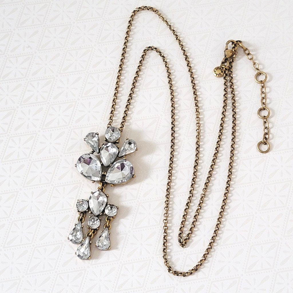 Big rhinestone dangle pendant necklace, with long gold tone chain, by J Crew