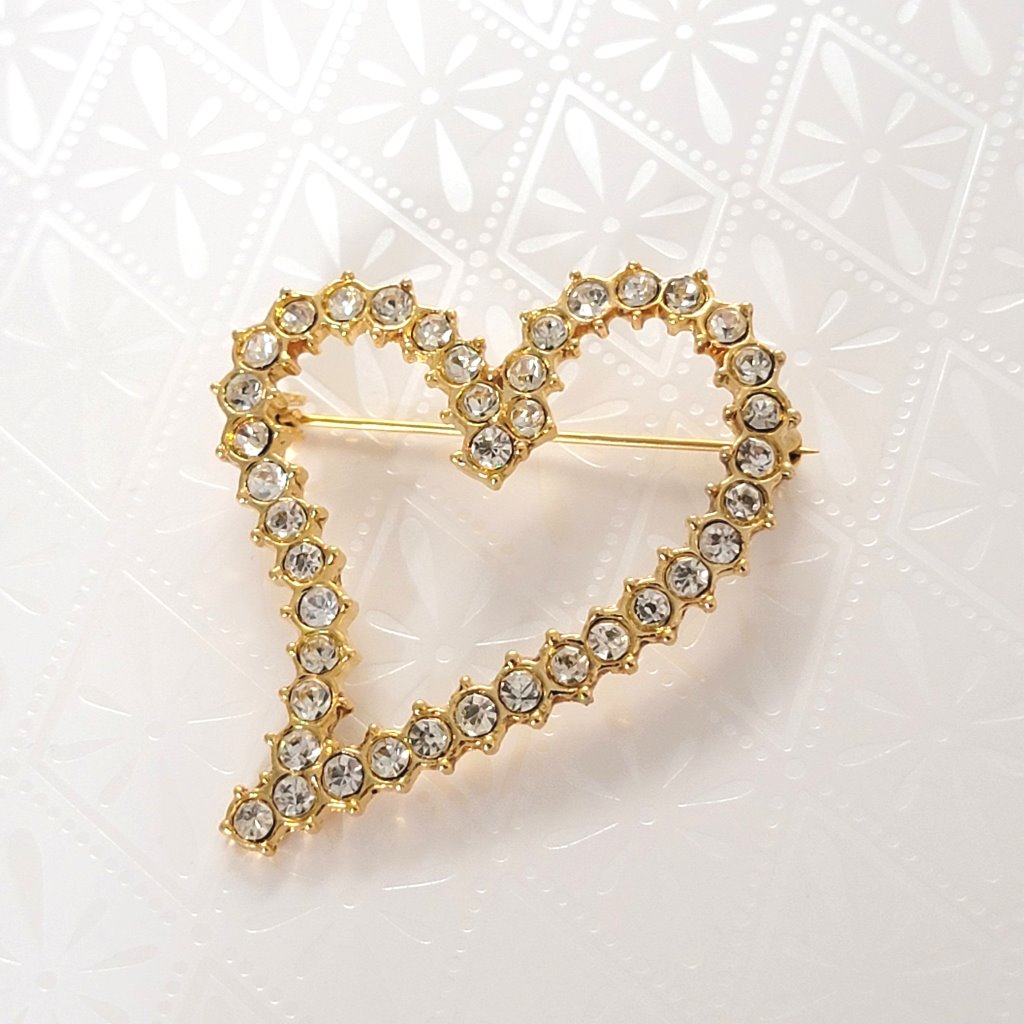 Two Sisters heart brooch, gold tone and clear rhinestones.