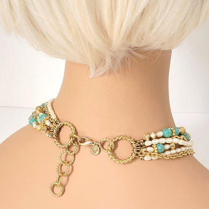 Sarah Coventry faux pearl and sea green, multistrand choker necklace, with gold tone chains. Back view, shown on a mannequin.