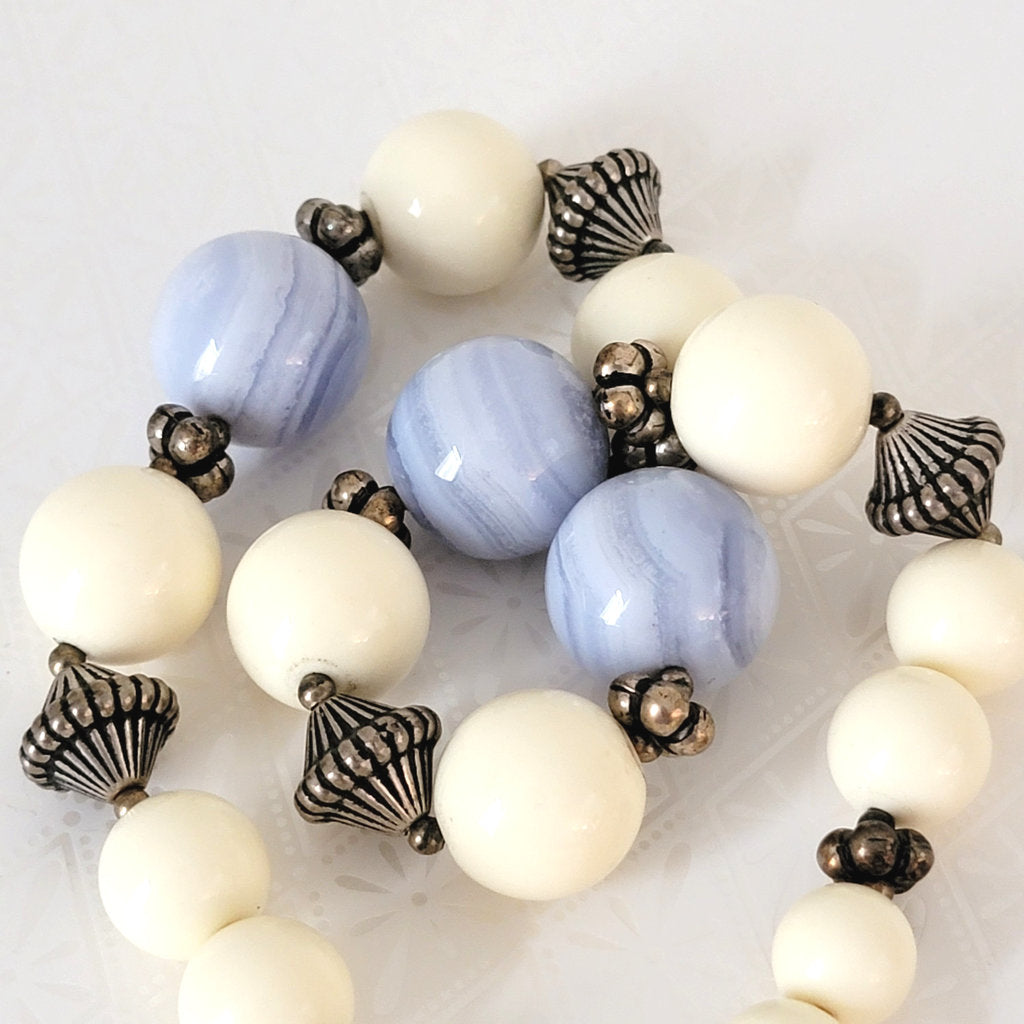 Chunky Dauplaise blue choker, closeup of striped beads.